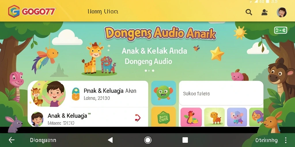 Antarmuka aplikasi GOGO77 dengan pilihan dongeng audio.